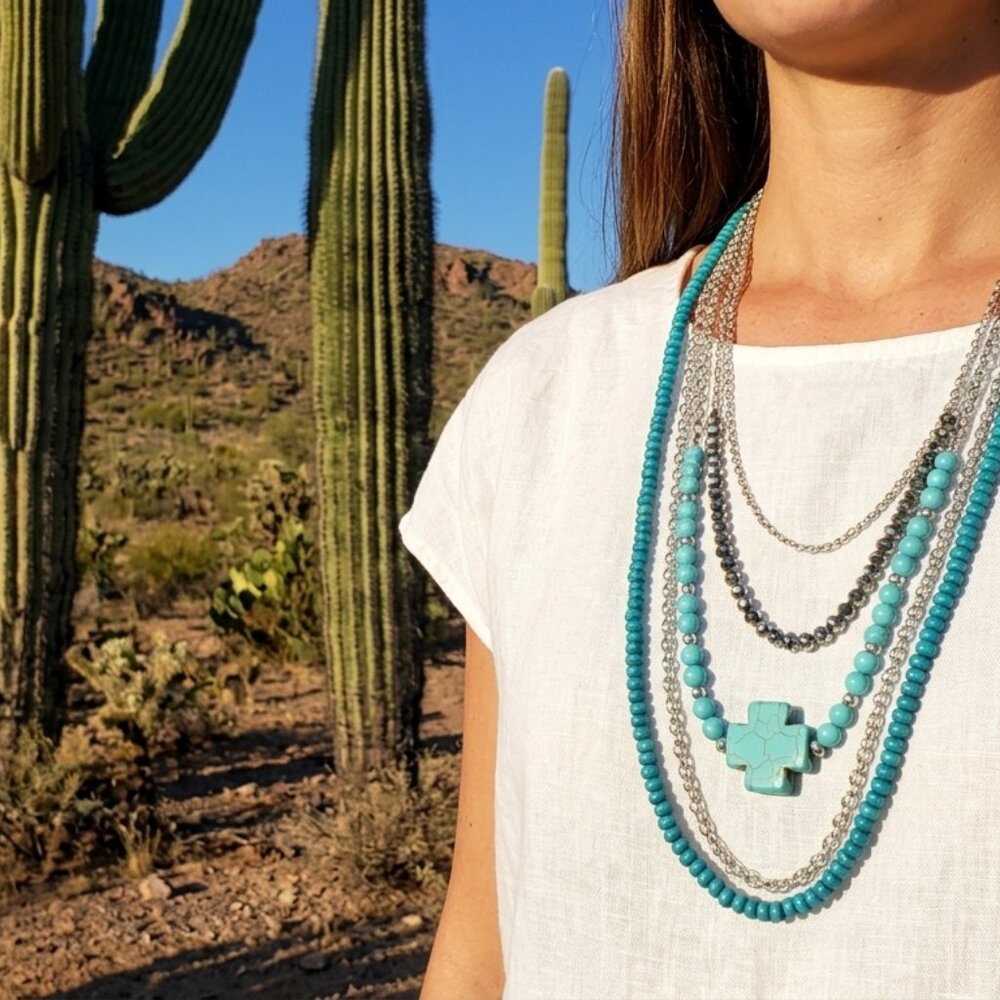 Bke silver chain with turquoise beads 4 strand necklace